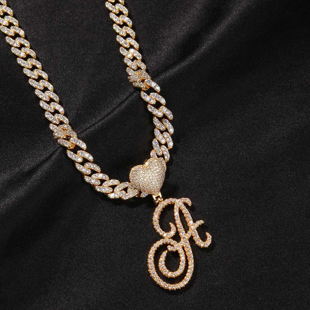 TBTK Cursive Letters With Heart Bail 9mm Iced Out Cuban Chain Brush Intial Name Necklace Jewelry Charm Hip Hop Drop Shipping