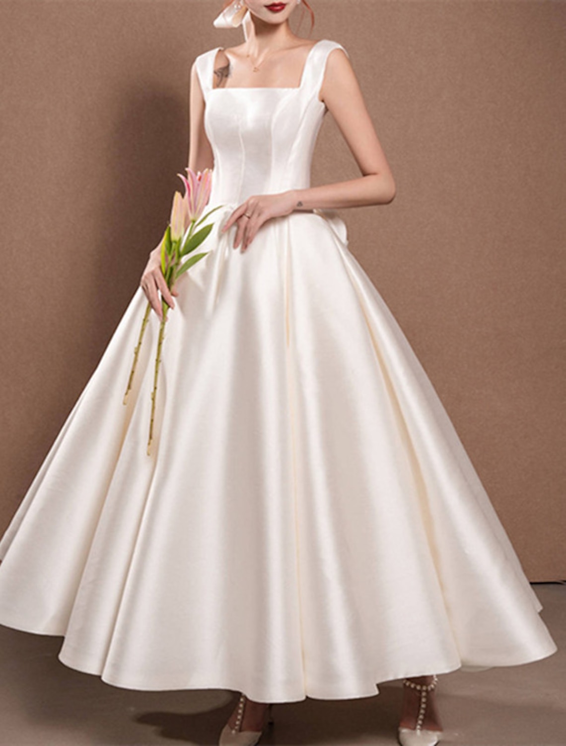 Elegant Short Satin Square Neck Ivory Wedding Dresses With Pockets A-Line Ankle Length Zipper Back Bridal Gowns for Women