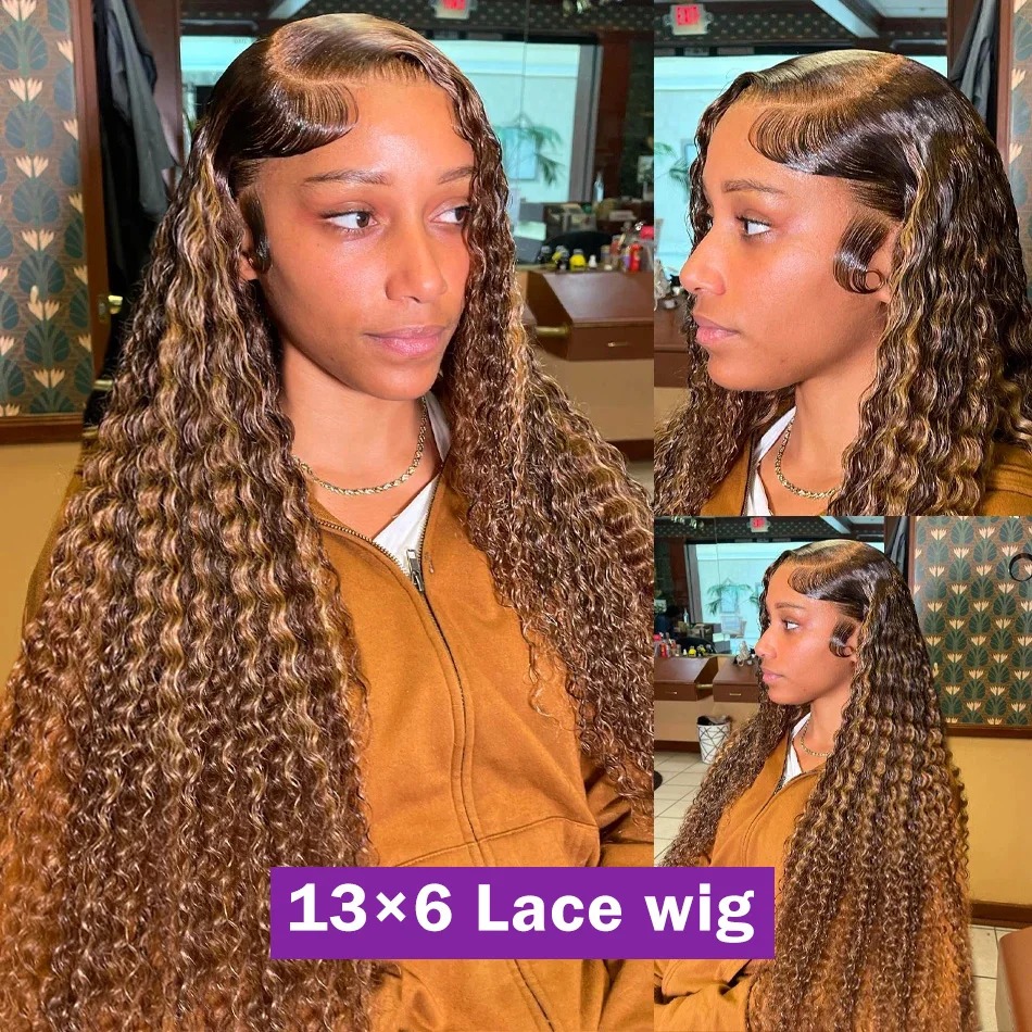 250 Density 30 Inch Highlight Honey Brown Curly Lace Front Human Hair Wigs 13x6 13x4 Ombre Colored Deep Wave Lace Frontal Wig