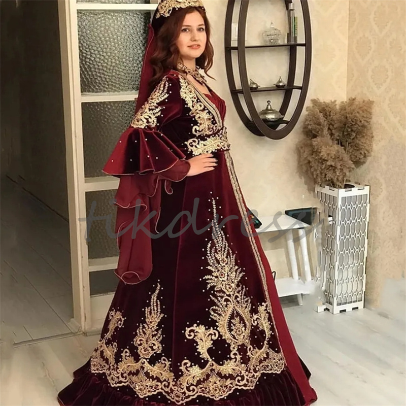 Tradional kaftan abaya aftonklänning burgudy marockansk puffhylsa sammet pärla pärla spets muslim prom klänning turish israel lyx formella party klänningar engagemang 2024