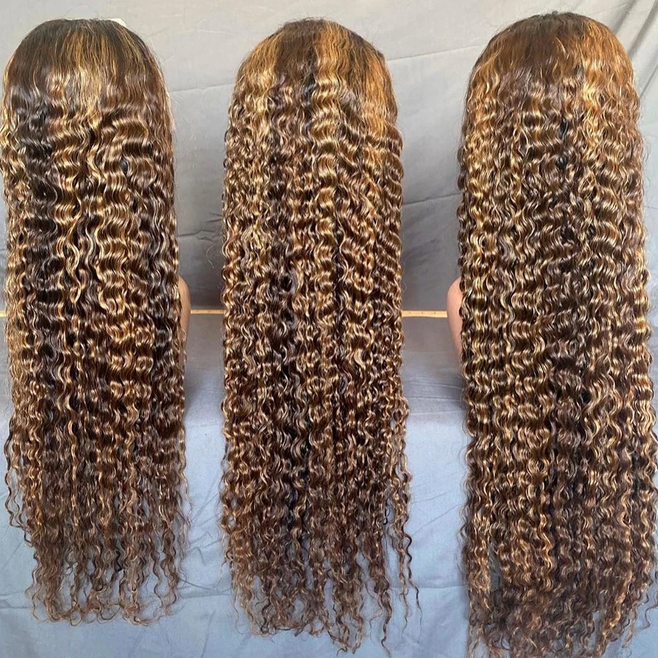 Pelucas de cabello humano con encaje Frontal rizado, color marrón miel, 250 de densidad, 30 pulgadas, 13x6, 13x4, color degradado, peluca Frontal de encaje profundo