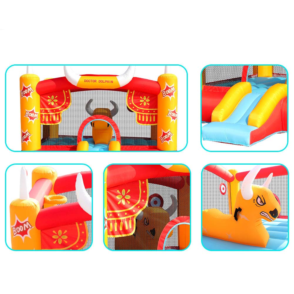 Kid Bouncer Jumper Moonwalk Inflatable Jumping Castle Bounce House with Slide for Kids Trampoline the Playhouse theatre Outdoor Indoor Bull Riding Design Fun Toys