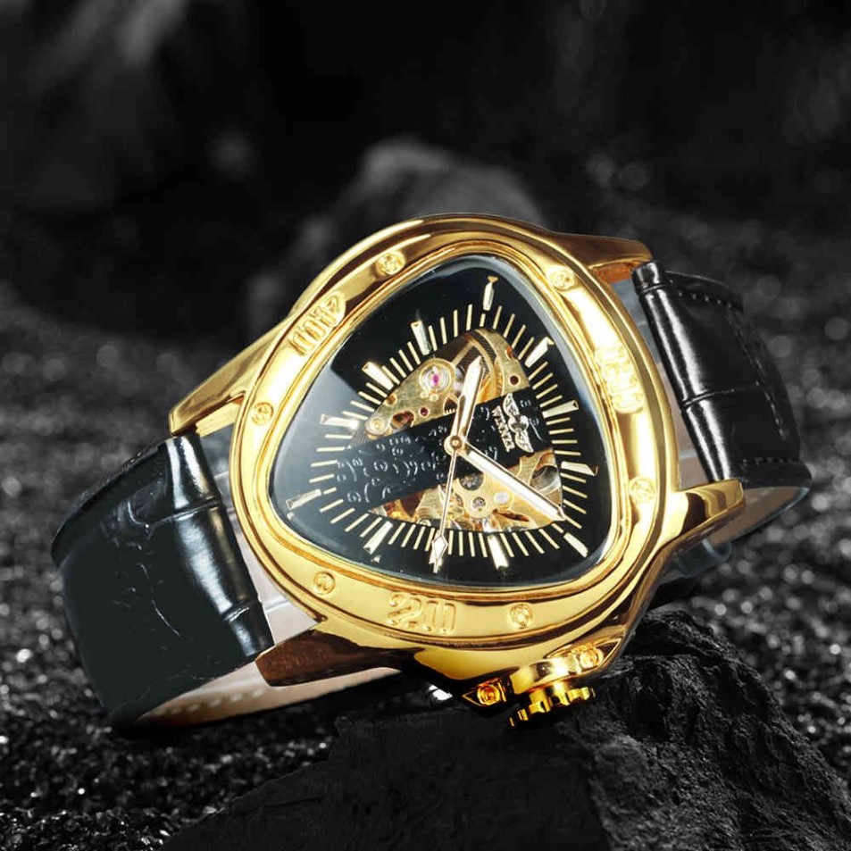 Vinnare Officiella klockor Mens Automatisk mekanisk klocka för män Top Brand Luxury Skeleton Triangle Gold Black 2103292497