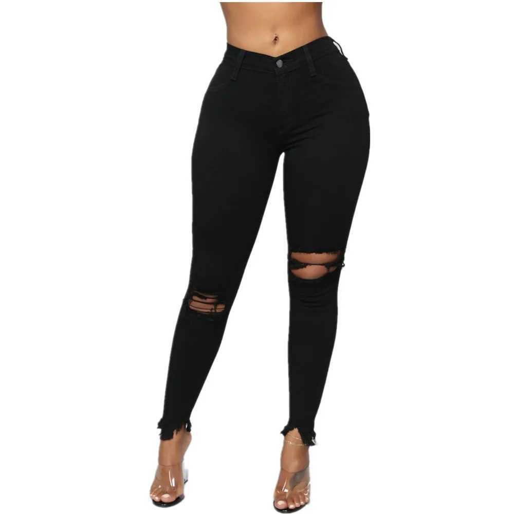 Women's Jeans Black and white torn jeans suitable for women ultra-thin denim jeans casual tight pencil pants fashionable womens clothing S-3XL direct shippingL2403