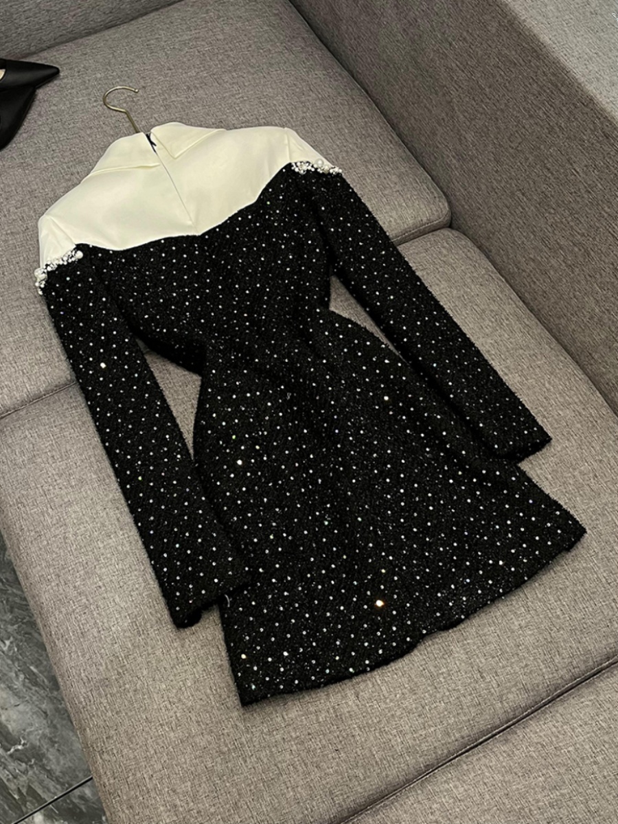 2024 Autumn Black Contrast Color Panelled Beading Tweed Dress Long Sleeve Lapel Neck Rhinestone Short Casual Dresses H4M211628