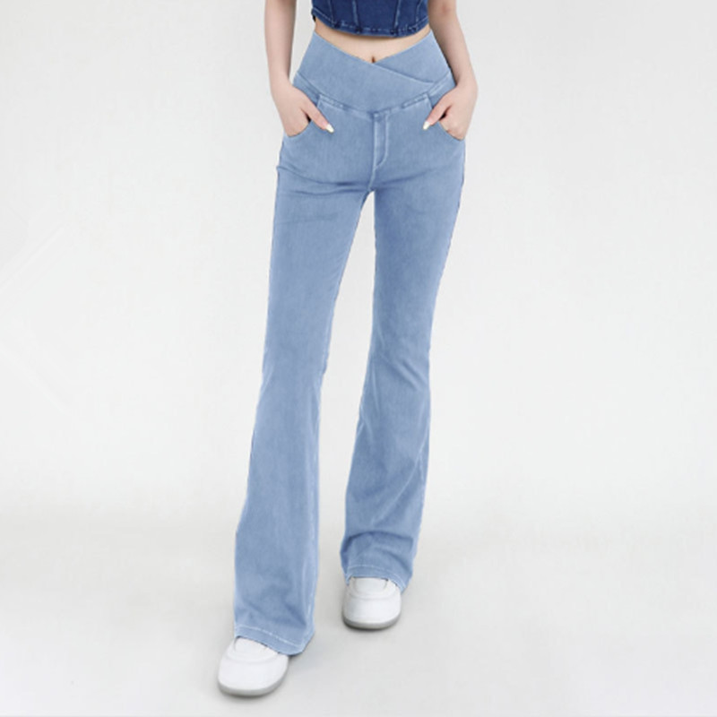 High waisted cross pockets denim fitness pants slim fit elastic wide leg pants for casual wear yoga pants-168