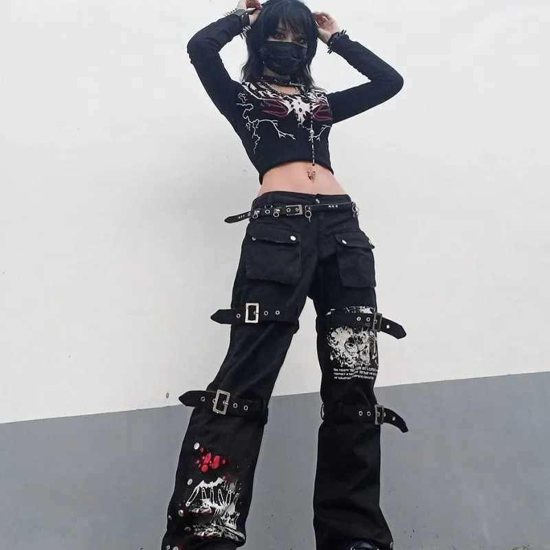 Damenhose Capris E-Girl Gothic Schwarze Cargohose Capri Damen Low Waist Jeanshose Y2K Grunge Retro Hip Hop Punk Harajuku Street ClothingL2403