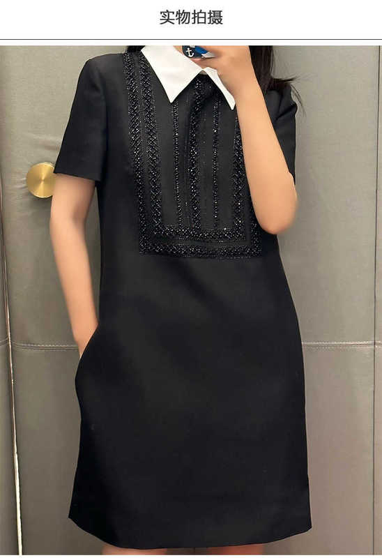 Basic & Casual Dresses designer brand Miu style short sleeved black dress, heavy work nail bead A-line skirt, socialite temperament, slimming early spring new model OGZ4