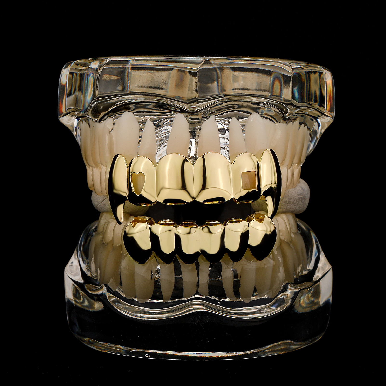 Halloween figur hjärta kvadrat guld mun tänder grillz kepsar övre botten koppar grill set män kvinnor vampyr bucktooth grillar rock punk rappare män hiphop smycken