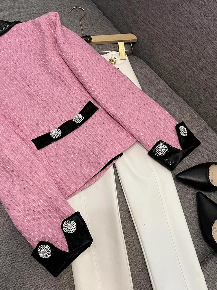 2024 Spring Pink Contrast Color Panel Paneled Tweed Blazers Lång ärm Lapel Neck Double-Breasted Outwear Coats D4M213231