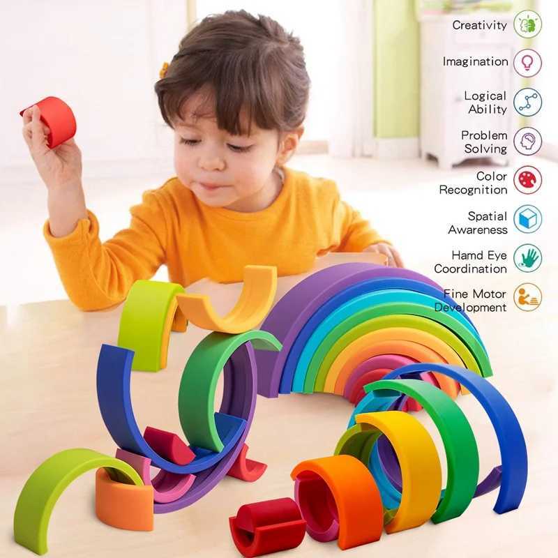 Sortera häckning Stacking Toys Silicone Rainbow Blocks for Childrens Machine Toys Baby Builder Montessori Games Education Gifts 24323