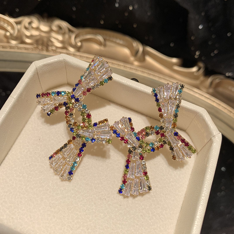 Ins nuova moda orecchini a fiocco carini orecchini a bottone in rame con diamanti colorati scintillanti e zirconi donne e ragazze con confezione regalo