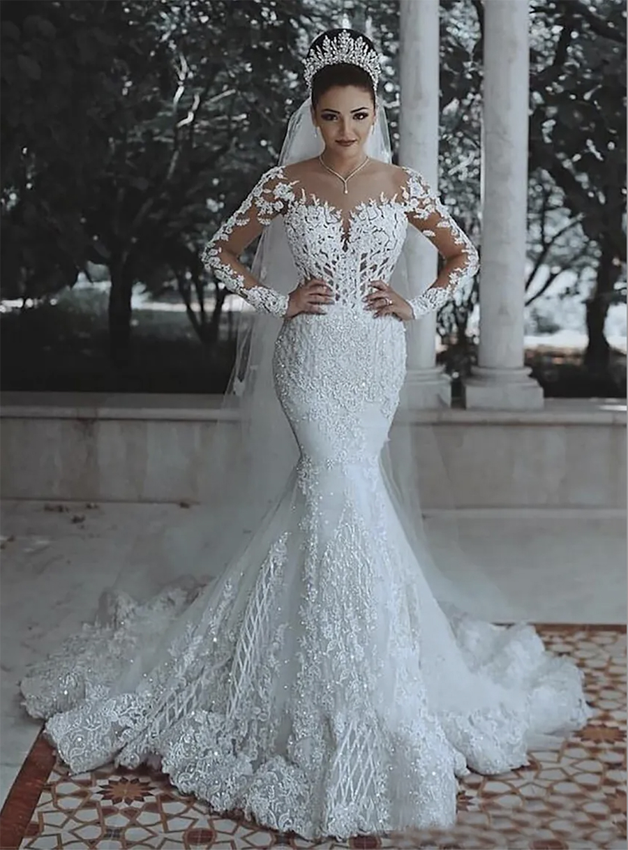 2024 Blanco Últimos vestidos de novia vintage de sirena con cuello redondo Mangas largas Apliques con cordones Vestidos de novia para novia Vestidos de novia