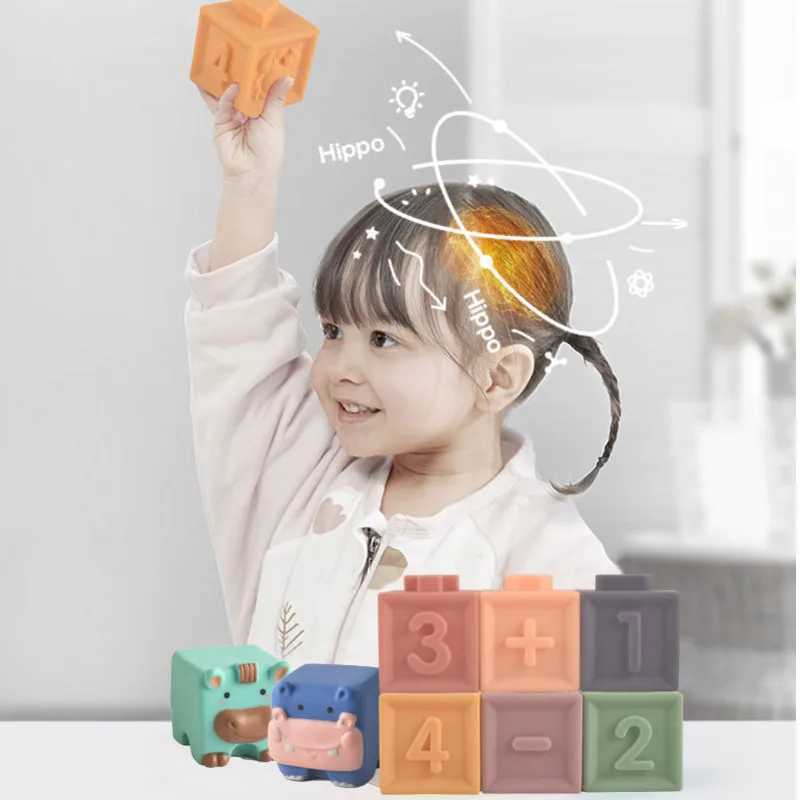 Tri Nesting Empilage jouets 6/12 pièces de bloc de construction en silicone capteur saisissant jouet 3D balle douce au toucher caoutchouc empilé cube bain pour enfants bébé 12 mois cadeau 24323