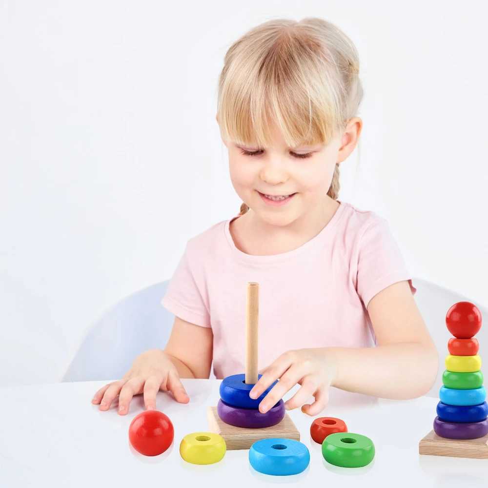 Sorting Nesting Stacking toys Baby Wooden Rainbow Stacked Ring Tower Childrens Puzzle Toys Montessori Preschool Education Block Geometry Games Toy Gifts 24323