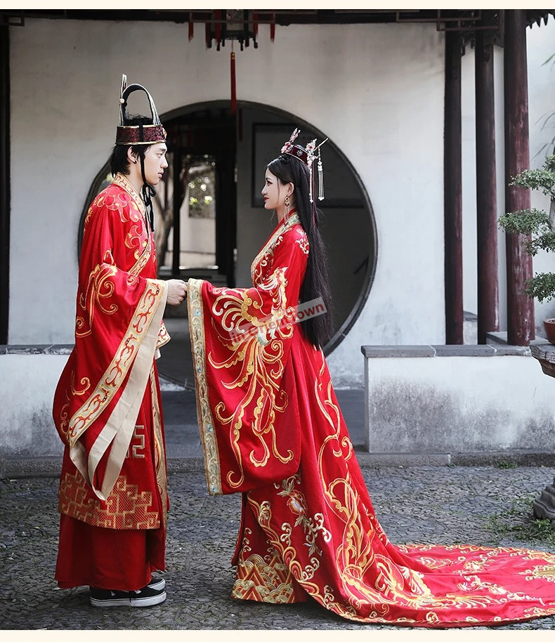 高品質のエスニック服中国古代の結婚式ハンフ花嫁ロングテールカップルコスチューム花groomローブガーメント標準タンミン王朝中国お祝いの赤いドレス