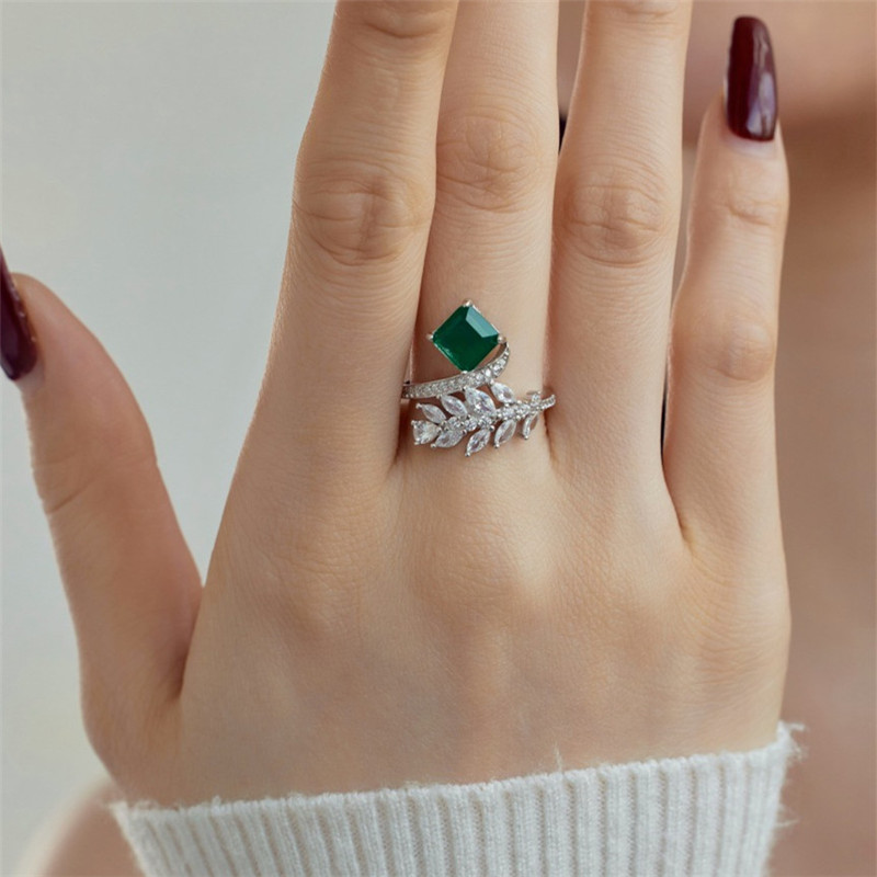 vintage emerald diamond designer ring for woman 925 sterling silver leaf rings 5A zirconia luxury jewelry women daily outfit travel dating party gift box size 6-9