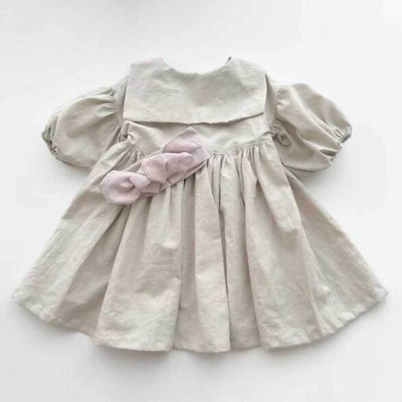 Sukienki dla dziewczynki ubrania dla dzieci sukienka wiosna/letni puff rękawy żeglarz bawełniane bawełniane lniane dziecięce ubrania 24323