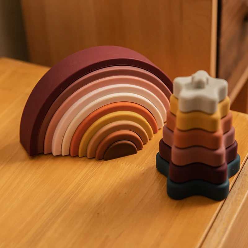 Sortera häckning Stacking Toys Silicone Rainbow Blocks for Childrens Machine Toys Baby Builder Montessori Games Education Gifts 24323