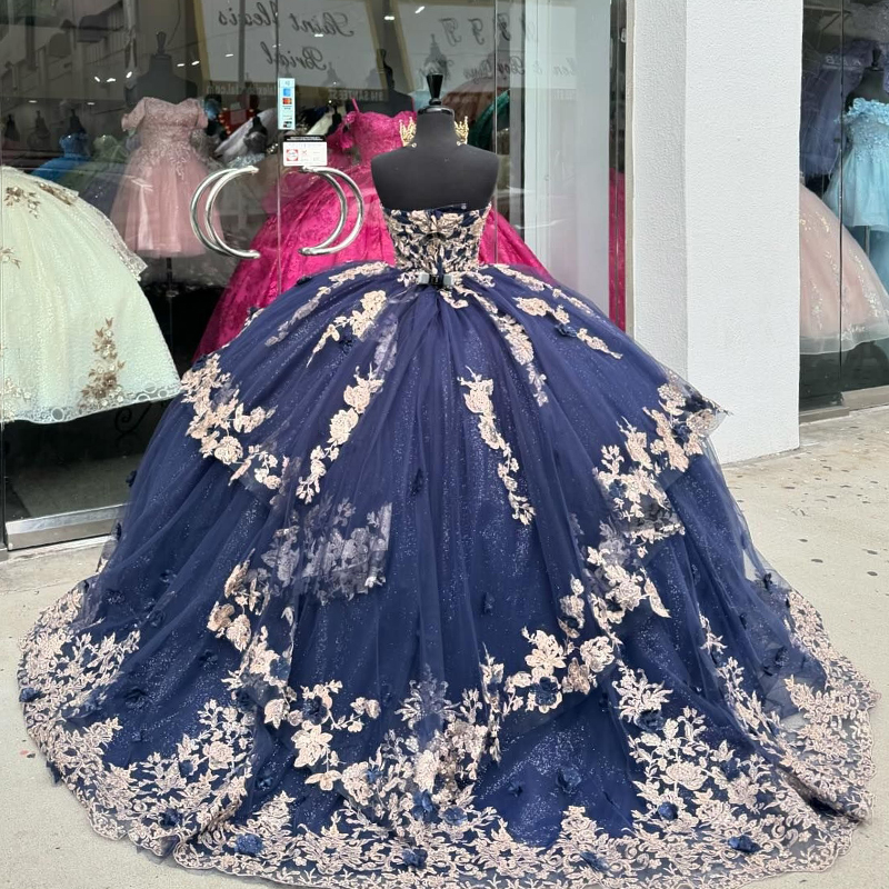 Blu navy lucido principessa appliques perline di pizzo abito Quinceanera 16 abiti da treno con spalle scoperte corsetto floreale abiti 15 De