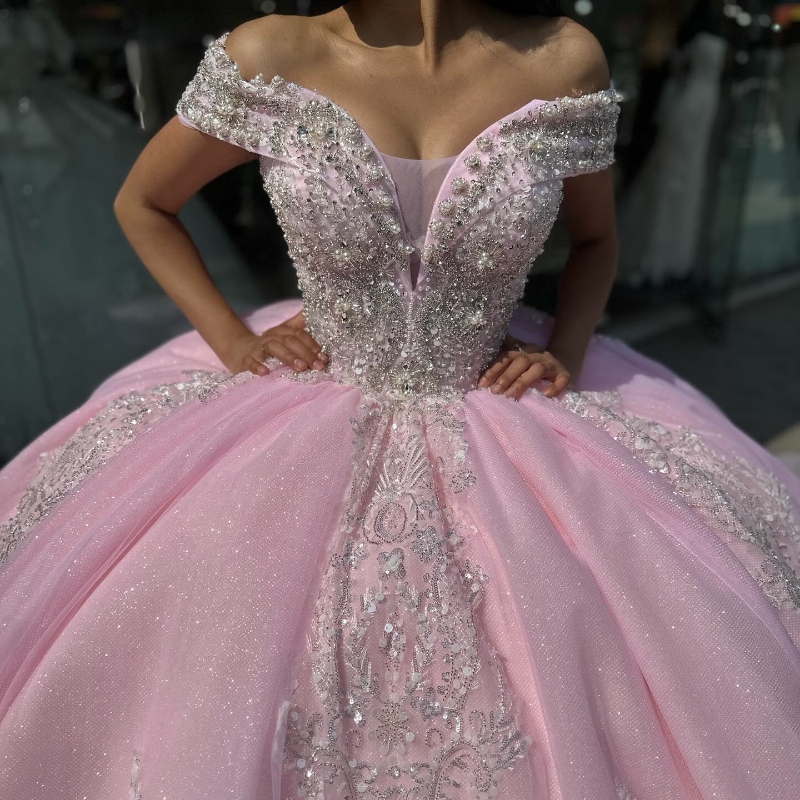 Roze glanzende Quinceanera jurk uit de schouder Mexicaanse vestidos de 15 prinses Sweet 16 verjaardag XV baljurk Assepoester meisje jurk