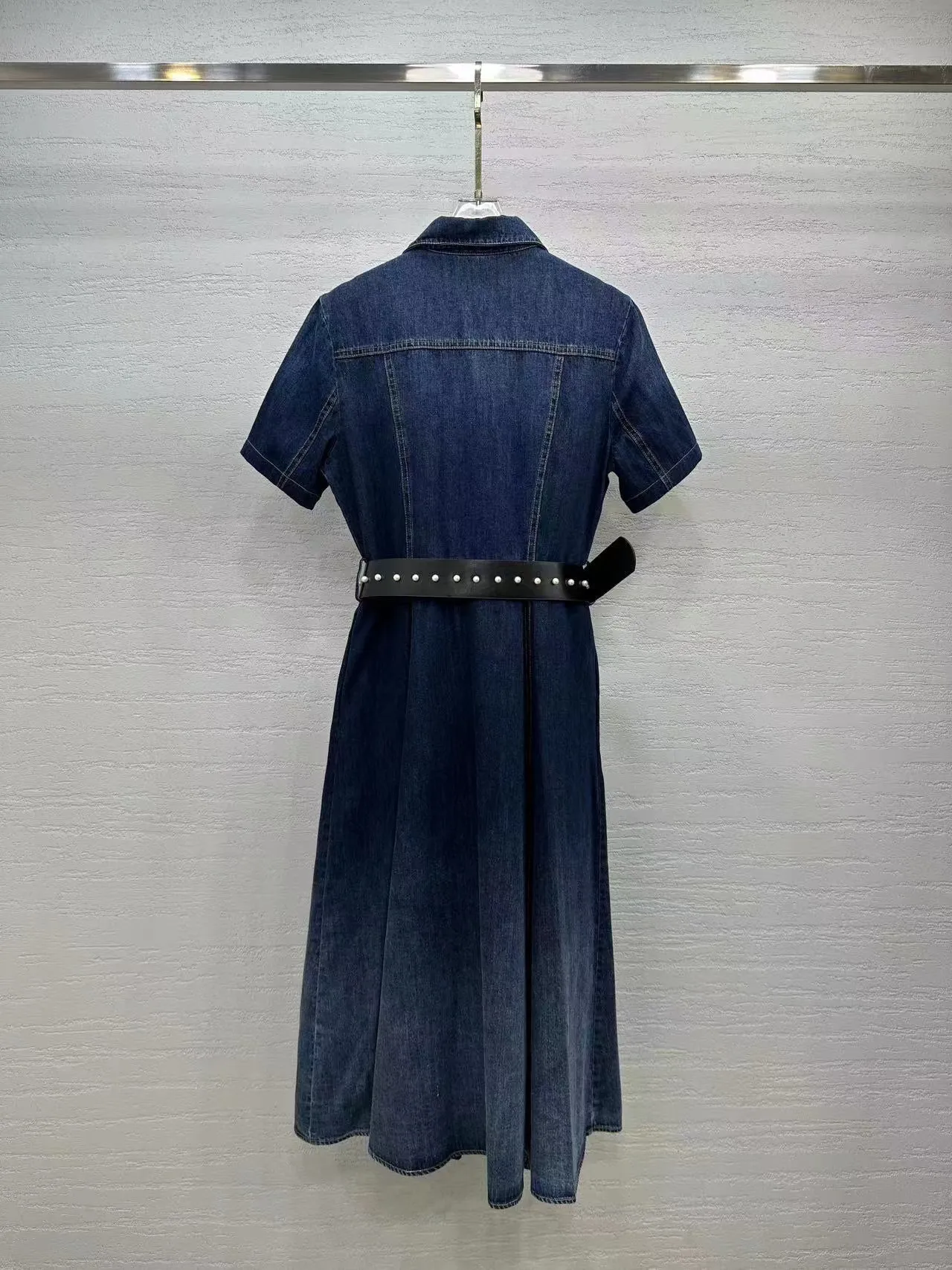 Milan Runway Dress 2024 Blue Lapel Neck Short Sleeves Denim Slim Belt Buttons Long Dresses Holiday Vestidos De Festa 22906