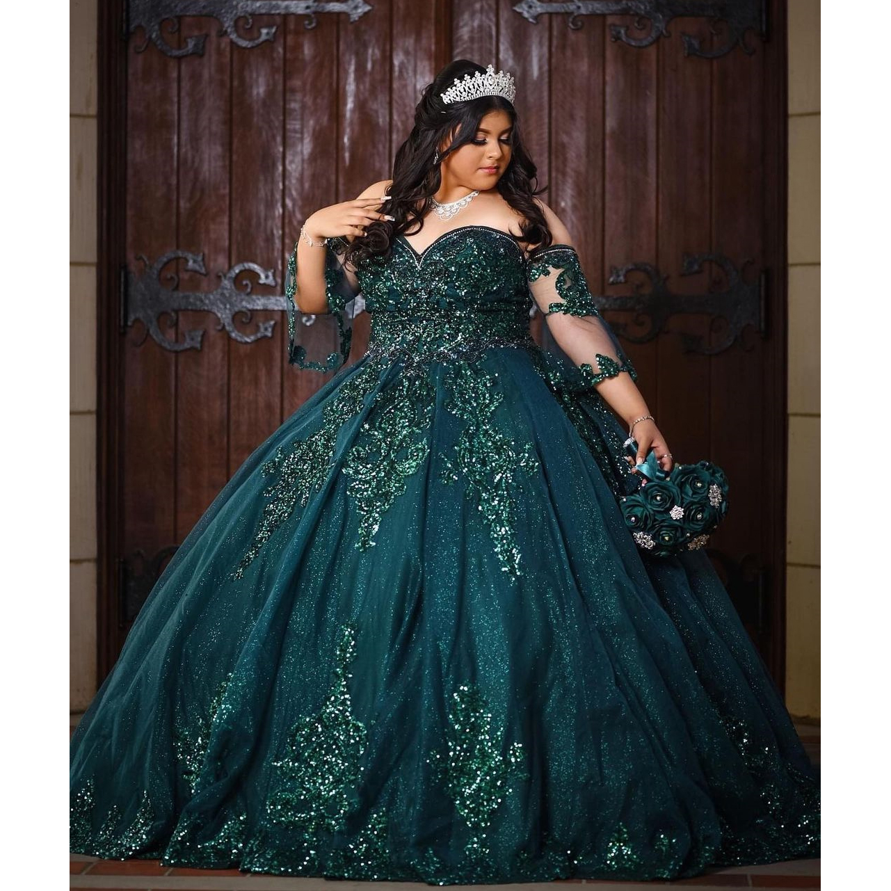 Vert brillant robe de bal Quinceanera robes 15 fête paillettes Tulle Appliques paillettes formelle mascarade Cendrillon robes d'anniversaire robes De Fiesta