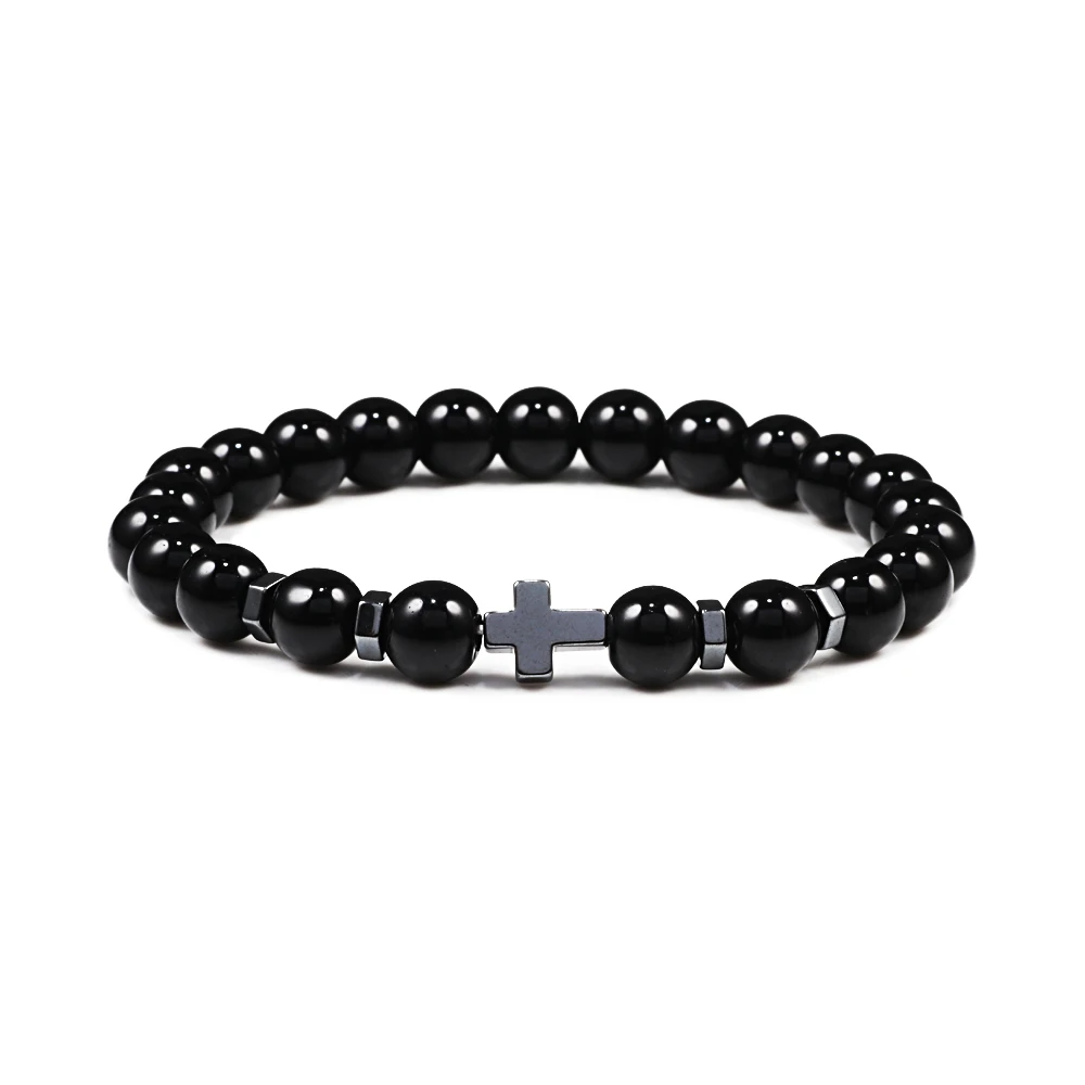 Natural Lava Stone Bead Bracelet Men Prayer Meditation Hematite Cross Jesus Thin Couple Bangles Pulsera Jewelry Gifts for Friend