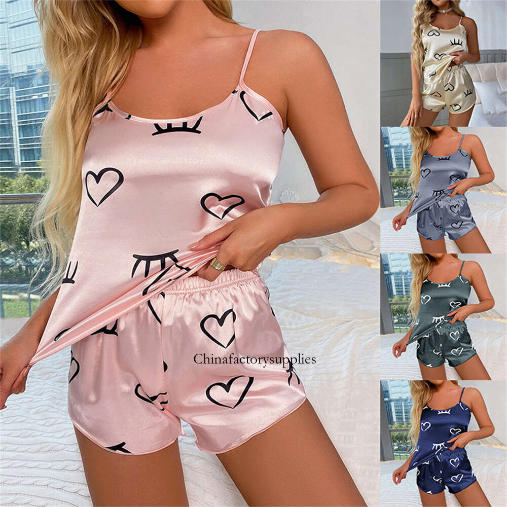 Damen-Pama-Set, 2-teilig, sexy Herz-Print, Nachtwäsche, Pyjama, Seidensatin-Top und Shorts, Nachtwäsche, Anzüge, ärmellose Unterwäsche-Oberteile