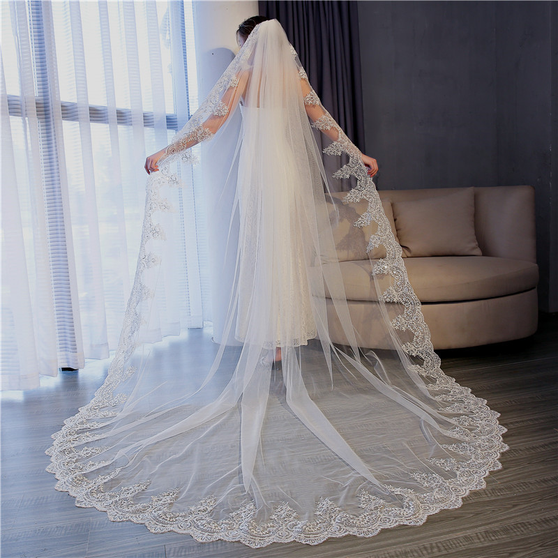 Elegant New Wedding Veils White Ivory Champagne 3 4 5 Meters Long Cathedral Length Voile Mariage Appliques Lace Custom Made Bridal Accessories