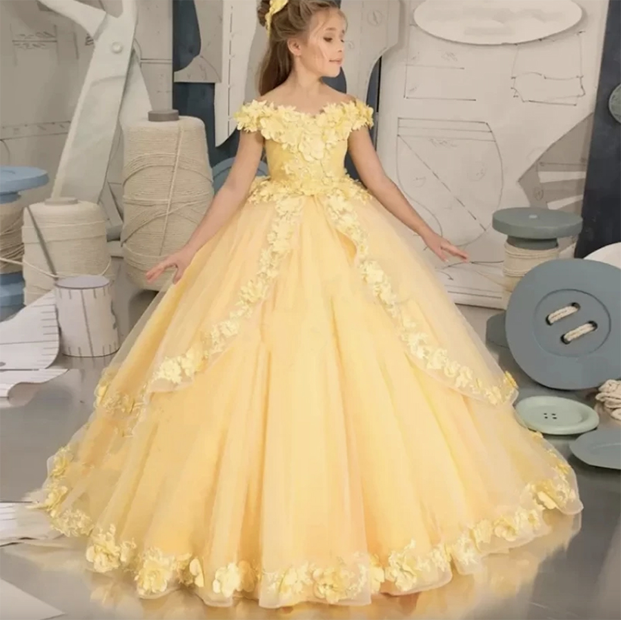 Yellow Flower Girl Dresses Lace Tulle Beading Appliqued Pageant For Girls First Communion Dresses Kids Prom Dresses