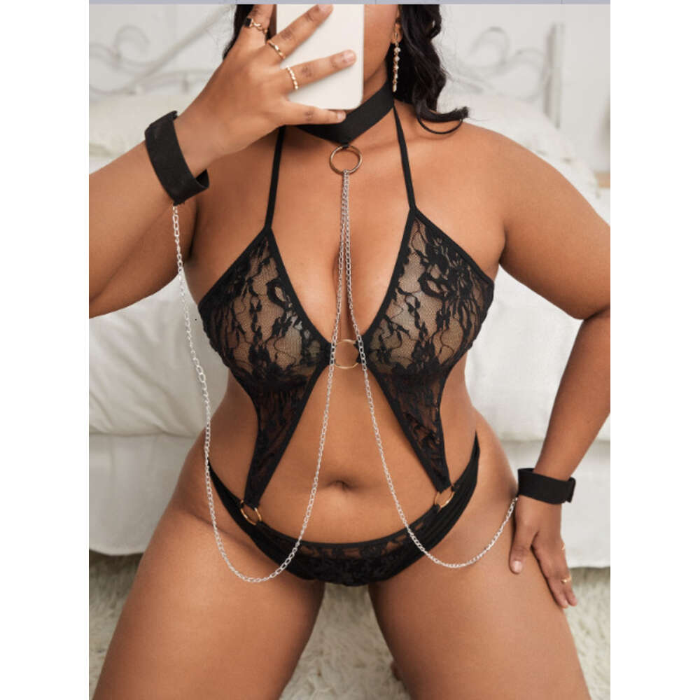 Fat MM Ropa interior divertida Pijama de una pieza con espalda descubierta Conjunto de encaje transparente sexy 7727 607414