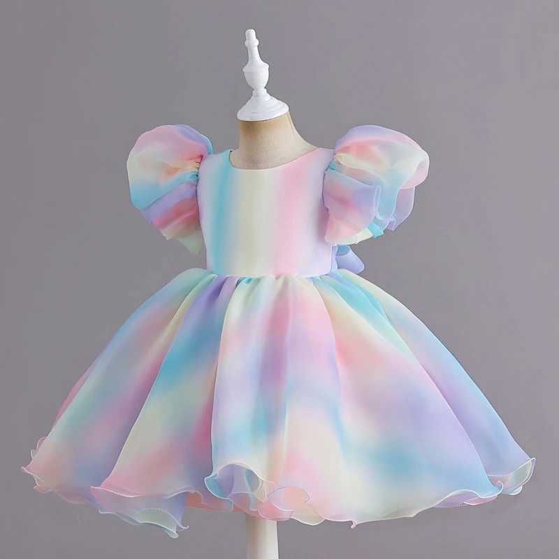 Meisjesjurken Regenboog Chiffon Babykleding Meisje V-rug Pluizige mouwen Kinderjurk Knielengte 1-7 jaar Carnavalskleding Kindermeisjes 24323