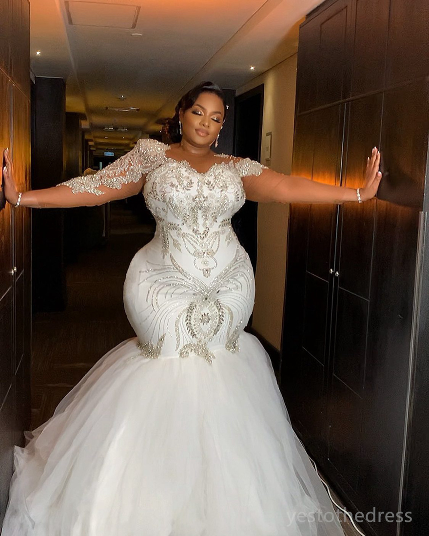 2024 Afrikansk sjöjungfru bröllopsklänning för brud plus storlek illusion långa ärmar ren nack strass kristaller brudklänningar för nigeria svarta kvinnor äktenskap d168