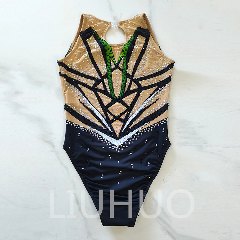 Liuhuo dostosuj kolory synchroniczne garnitury pływackie dziewczęta Kobiety Kryształy Kryształy Elastyczne Jakość Rhinestones Drużyna pływania Wydajność Czarno-zielona BD7045