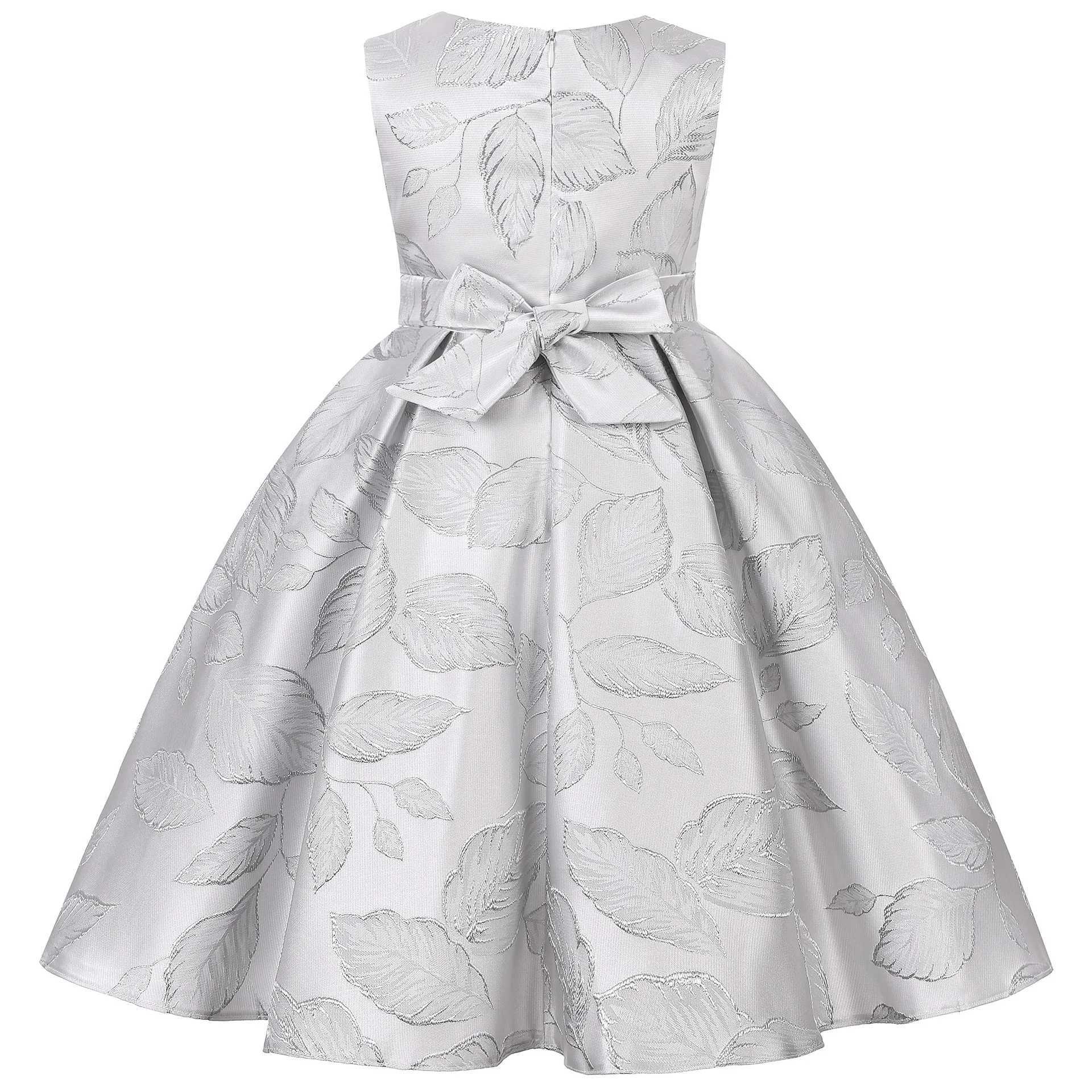 Girl's Dresses Silver Embroidered Flower Dress for Girls Thick Satin Sleeveless Childrens Clothing Childrens Birthday Clothing 2 to 8 10 Years 24323