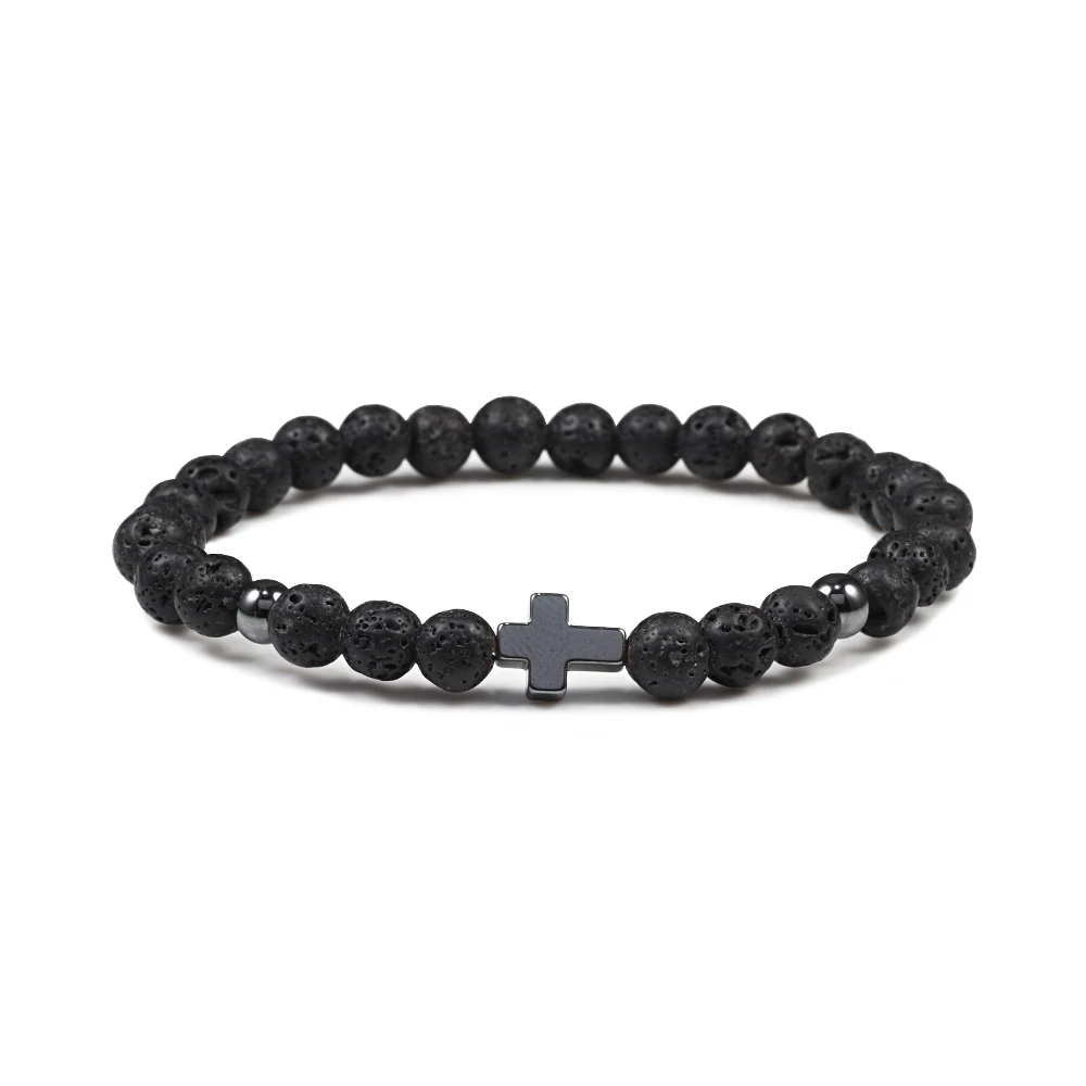 Natural Lava Stone Bead Armband Men Bönmeditation Hematite Cross Jesus Thin Par Bangles Pulsera smycken gåvor till vän