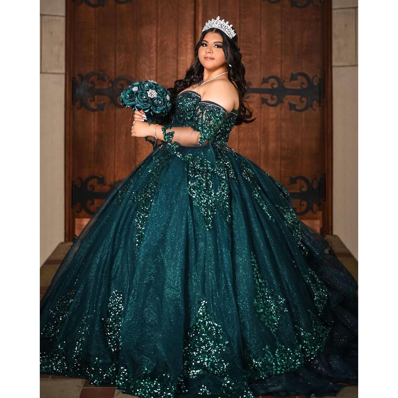 Vert brillant robe de bal Quinceanera robes 15 fête paillettes Tulle Appliques paillettes formelle mascarade Cendrillon robes d'anniversaire robes De Fiesta