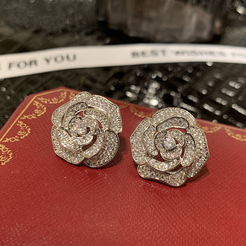 Lovely pretty rose flower fashion designer stud earrings shiny diamond crystal zirconia earrings jewelry for woman girls