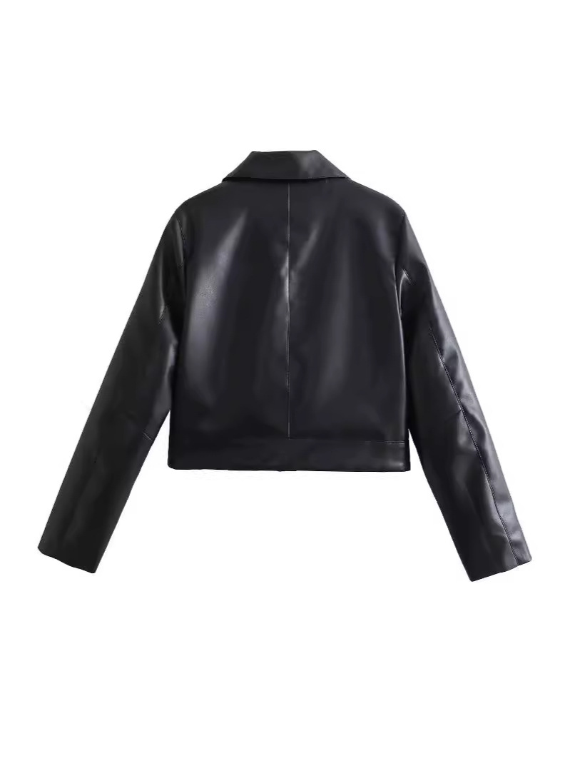 Pdara Design originale da donna Giacca in PU Moda Classica Bomber casual Cappotto di alta qualità Cappotto decorativo nero con triangolo superiore e tasca sul braccio