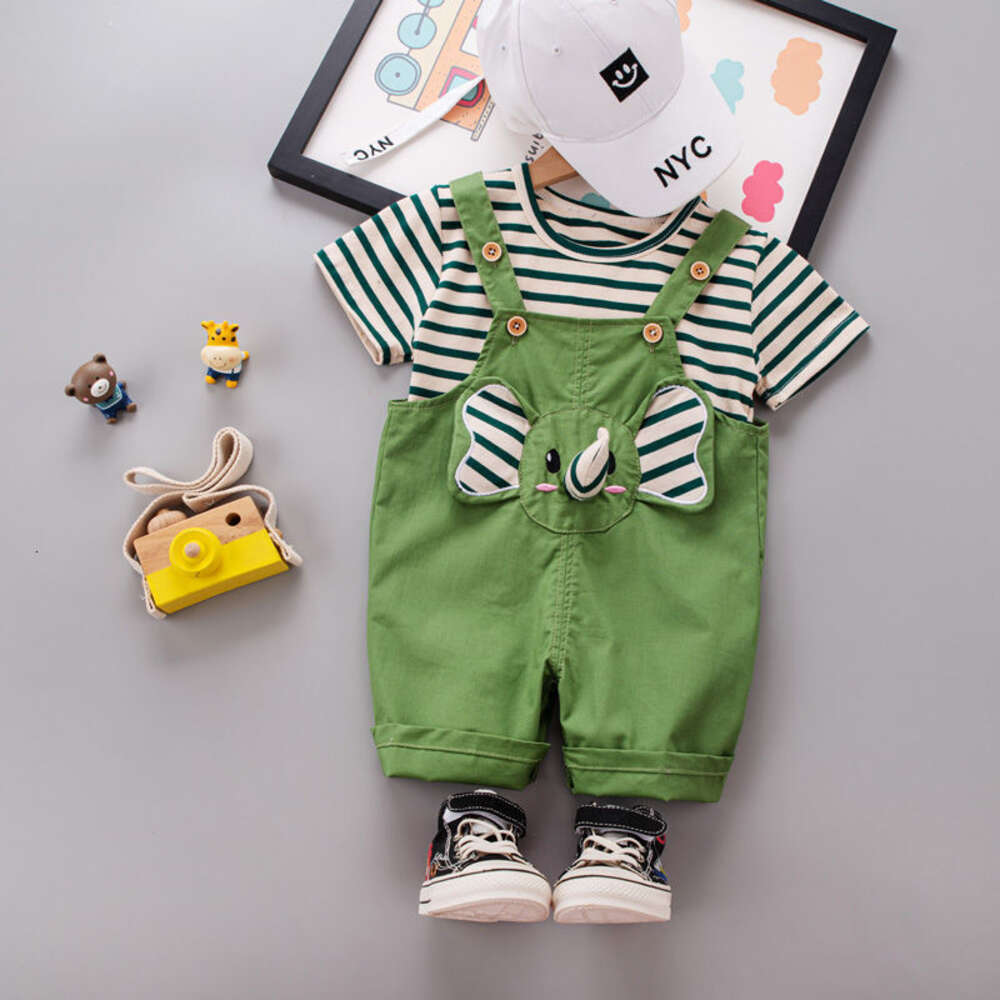 2024 Children's Pants Striped Elephant Strap Western Shorts Summer Baby Short Sleeve Two Piece Set