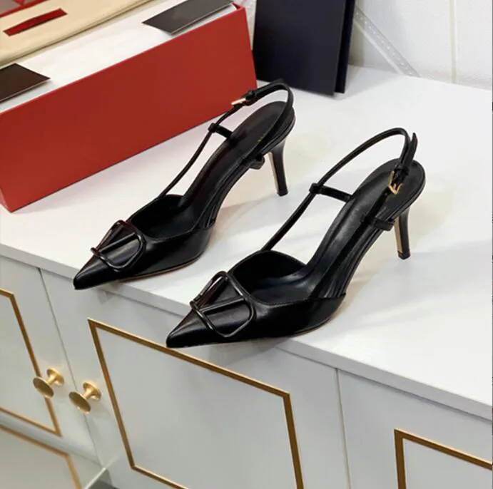High Heels Designer Sandals Classics Metal V-buckle Pointed Toe Thin Heel 4cm 6cm 8cm 10cm Summer Genuine Leather Woman Wedding Shoes with Dust Bag 35-44