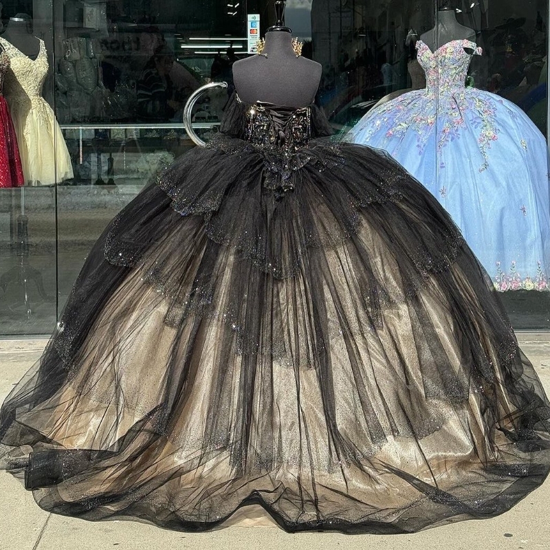 肩から黒い光沢のあるプリンセスQuinceanera Dress Shampagne Lining Beading Corset Sweet 16 Dress Vestidos 15 DE XV ANOS