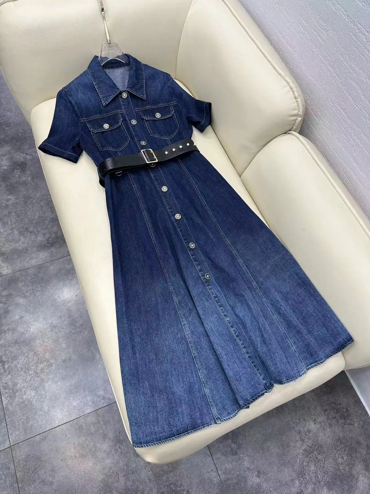 Milan Runway Dress 2024 Blue Lapel Neck Short Sleeves Denim Slim Belt Buttons Long Dresses Holiday Vestidos De Festa 22906