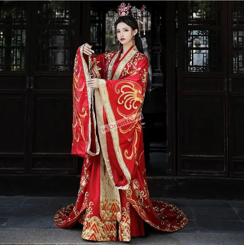 Vêtements ethniques de haute qualité chinois ancien mariage Hanfu mariée longue queue couple costume marié robe vêtement standard Tang Ming dynastie Chine robe rouge festive