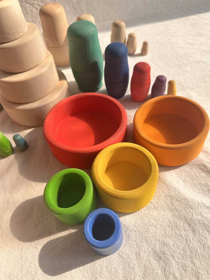 Nesting Stacking Sorting toys Childrens wooden beech rainbow stacked bowl dolls Matryoshka series craft open game for kids 24323