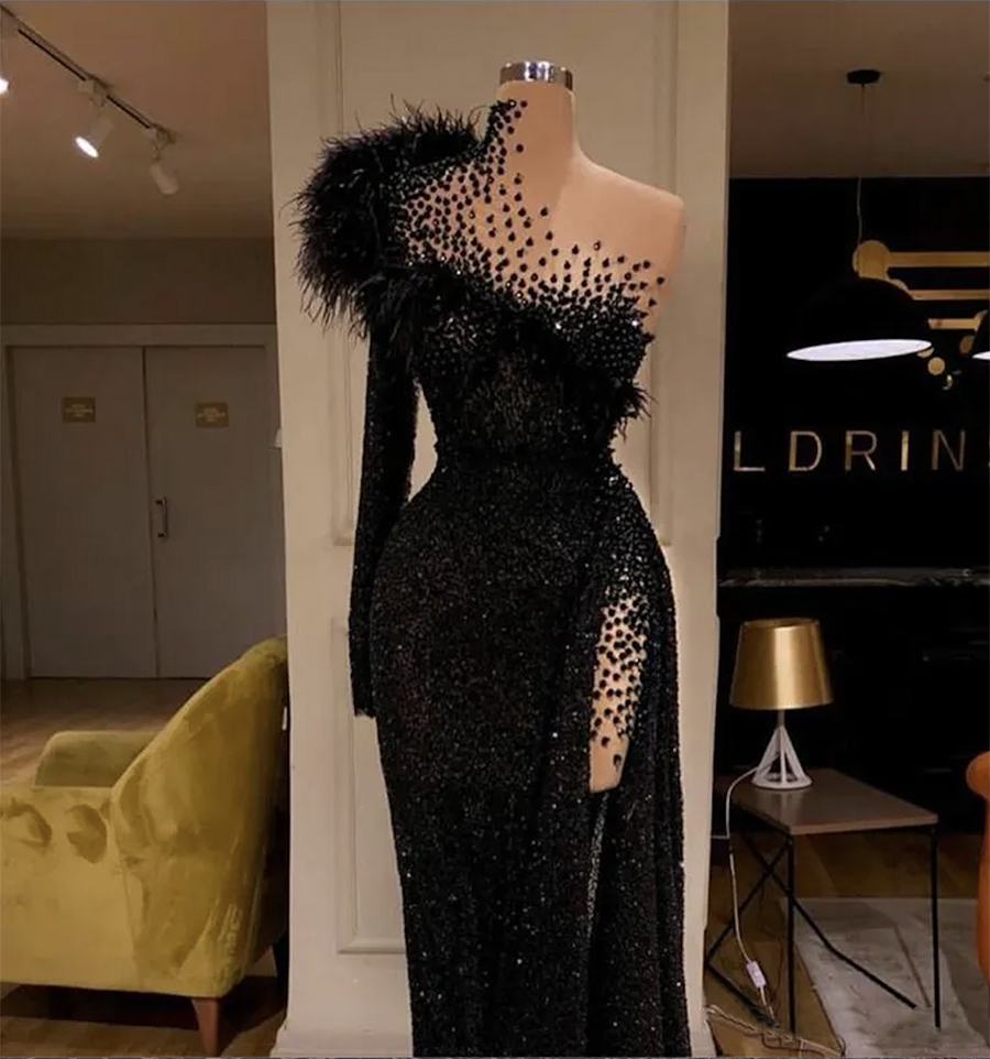 Real Image Chic Evening Dresses Glitter Sequins Feather Beads Ruffles Luxury Formal Prom Dress Custom Made Sweep Train Long Party Gown