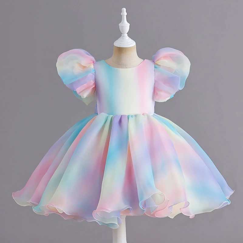 Meisjesjurken Regenboog Chiffon Babykleding Meisje V-rug Pluizige mouwen Kinderjurk Knielengte 1-7 jaar Carnavalskleding Kindermeisjes 24323