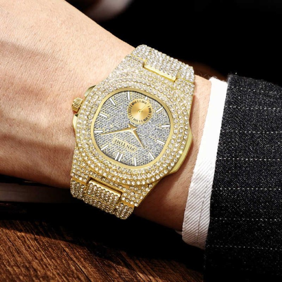 Moda ouro congelado relógio masculino diamante hip hop relógios masculinos marca superior de luxo relógio quartzo reloj hombre relogio montre homme x0625178z