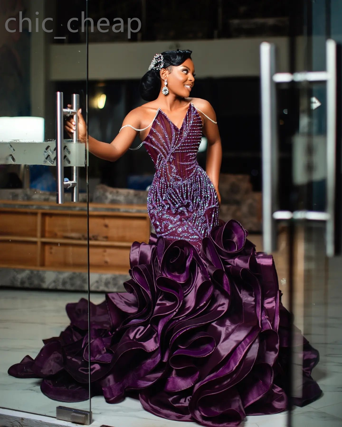 2024 ASO EBI Purple Mermaid Dress Cequined Lace Tiers Evening Formalne przyjęcie Drugi przyjęcie 50. urodziny suknie zaręczynowe sukienki szat de soiree zj51